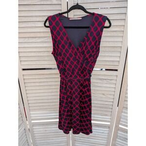 Hawthorn Womens XL Faux Wrap Dress Red Navy Blue Trellis Geometric Sleeveless